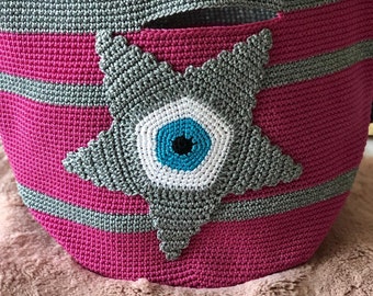Handmade crochet pink star evil eye beach bag large size decoration basket bag multi-purpose