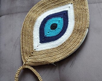 Handmade, Design, Evil Eye, Lined and hidden pocket, clutch, Summer Bag, Bohemian Bag, Tasseled Beach Bag