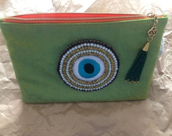 Handmade bead evil eye detailed green design clutch, evening invitation special day bag