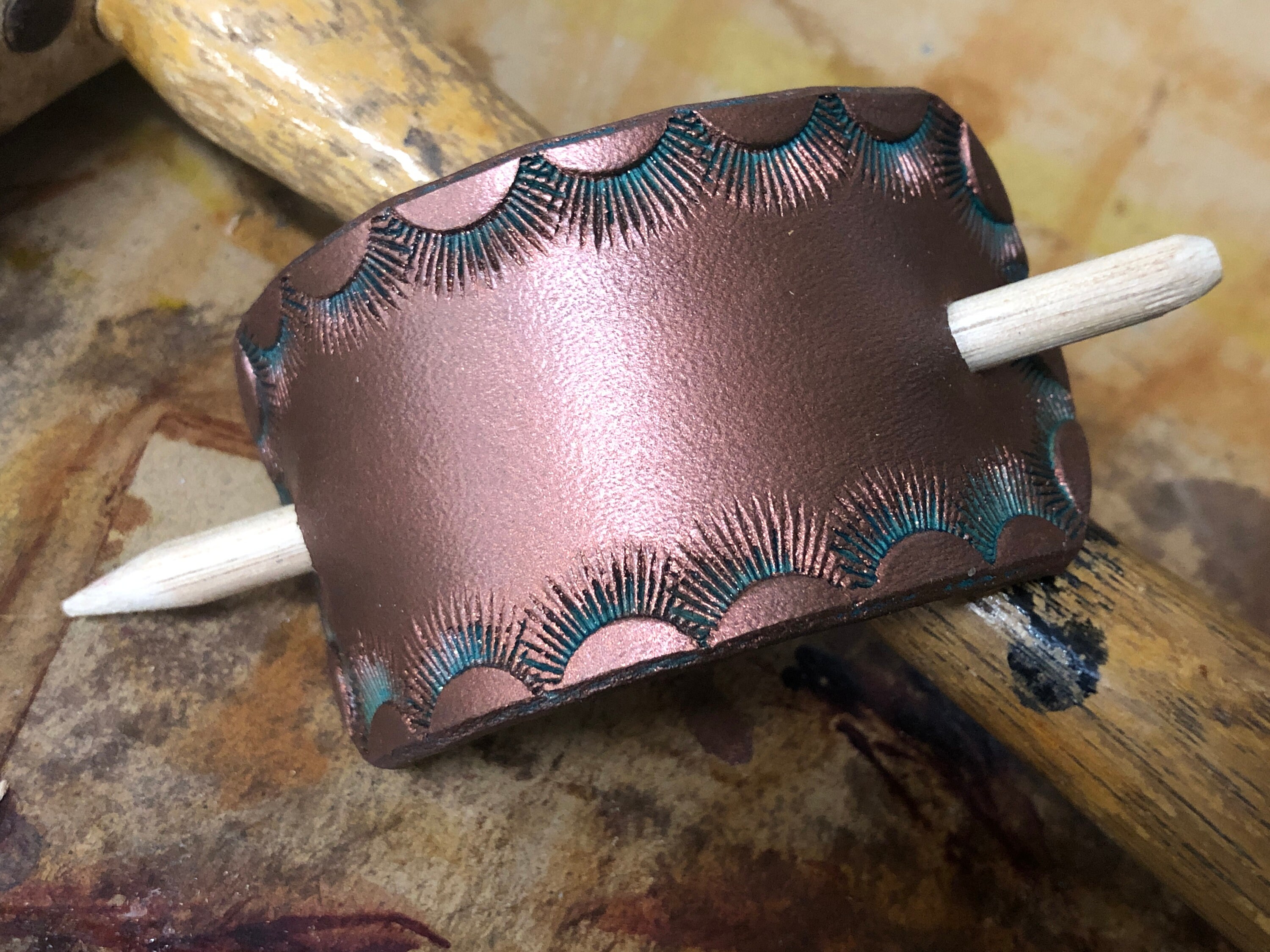 Medium Leather stick barrette Copper sunrise pattern Etsy