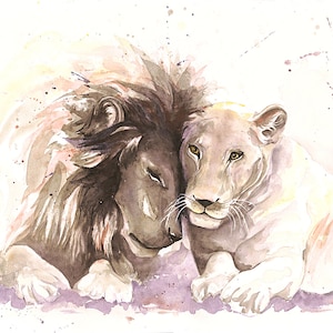 APPOGGIATI SU DI ME Leoni dell'acquerello, coppia di leoni stampa artistica firmata a mano e limitata Stampa d'arte Leone, leoni, coppia di leoni, firmata a mano limitata
