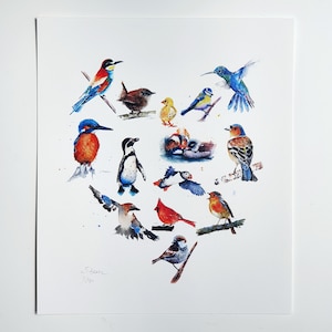 Impression d'art oiseaux aquarelle en forme de coeur - Fineartprint Aquarelle oiseaux en forme de coeur
