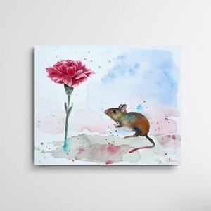 Original watercolor carnation admirer, little mouse with carnation, signed by hand, Original Watercolor Painting Mouse with Carnation hand signed