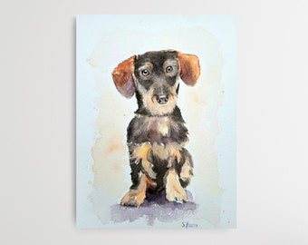 Original watercolor pretty wire-haired dachshund unique, Original and unique Watercolor Painting of a wire-haired dachshund