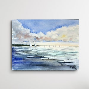 BODENSEE Aquarelle originale « Au LAC 3 », Lac avec bateaux, peint à la main, Peinture à l’aquarelle Lac avec bateaux Lac de Constance