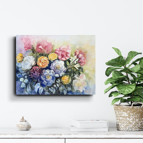 ROSENSTRAUß Aquarell Kunstdruck hochwertig und handsigniert, Fine Art Print Watercolor Painting Bunch of Flowers, hand signed