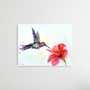 Original Watercolor Colorful Flying Hummingbird with Hibiscus Flower Original Watercolor Painting colorful Humming Bird with Hibiscusflower