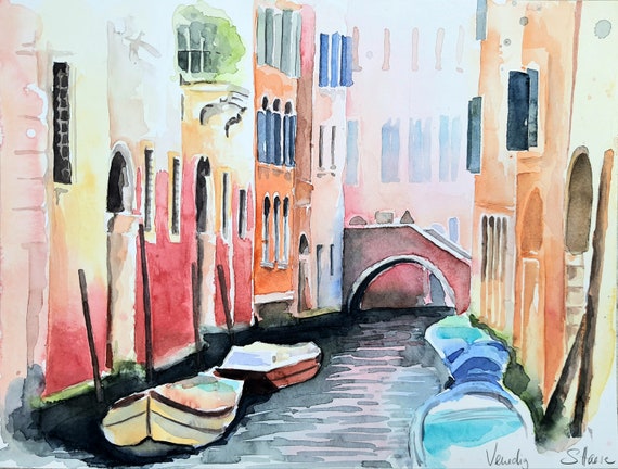 イタリア、ヴェネツィアのオリジナルの水彩画の運河、イタリア