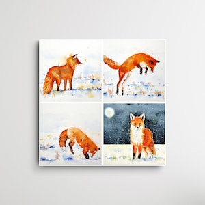 May include: A collage of four watercolor paintings featuring red foxes in winter scenes. The top left image shows a fox standing in the snow, the top right image shows a fox jumping in the air, the bottom left image shows a fox curled up in the snow, and the bottom right image shows a fox standing in the snow with a full moon in the background.