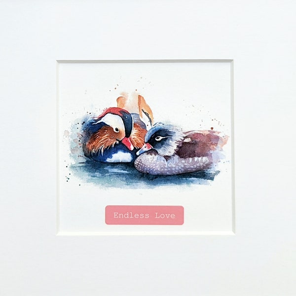 ENDLESS LOVE, Mini-Aquarell Mandarinente Enten Kunstdruck handsigniert, Fine Mini Art Print Watercolor painting Mandarina Duck, signed