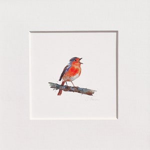 Chirping robin - miniature art print after original watercolor, hand signed, Mini Fine Art Print Watercolor Painting Robin hand signed