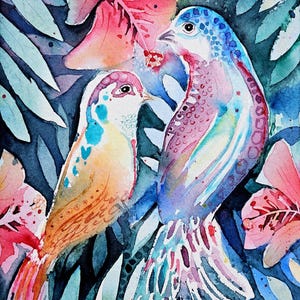 Impresión artística en acuarela de Aves del Paraíso Dina6 con sobre