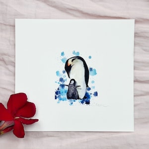 Penguin with baby - miniature art print based on original watercolor, hand-signed, Mini Fine Art Print Watercolor Psinting Penguin hand signed