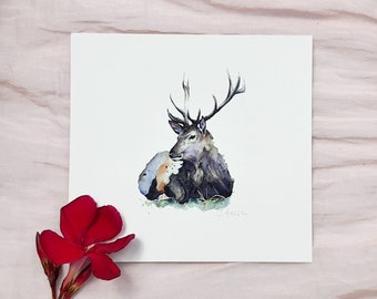 Deer, deer - art print based on the original watercolor, signed by hand, Mini Fine Art Print Watercolor Painting Deer hand signed