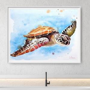 Large art print watercolor swimming turtle, sea turtle, signed, Large Fine Art Print Watercolor Sea Turtle, signed, lim