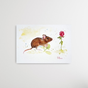 Original watercolor little mouse with clover, limited and signed by hand, Original Watercolor Painting Mouse with Clover, hand signed
