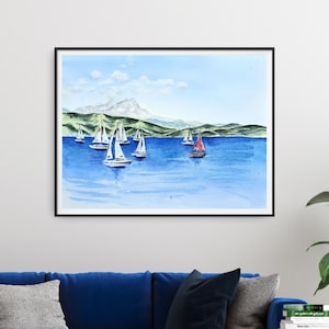 AT THE LAKE 1, watercolor Lake Constance and the Alps, art print hand-signed and limited, FineArtprint, Lake Constance, Alpes, hand-signed and limited