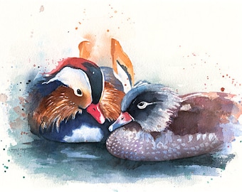 ENDLESS LOVE, watercolor mandarin ducks, ducks, art print, hand signed, Artprint Mandarinducks, Ducks Fine Art Print, hand signed