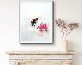 Watercolor honey bee, bee and flower, art print hand signed, limited, Fine Art Print Honey Bee and flower, hand signed and limited