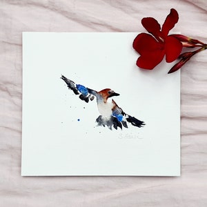 Eichelhäher, Miniatur Kunstdruck nach Original Aquarell, handsigniert, Mini Fine Art Print Watercolor Painting European Jay, hand signed