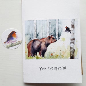 Briefkarte You Are Special, Bär, Rotkehlchen mit Umschlag und Briefsiegel, Fineartprint Aquarell, Watercolor, Card with envelope + sticker