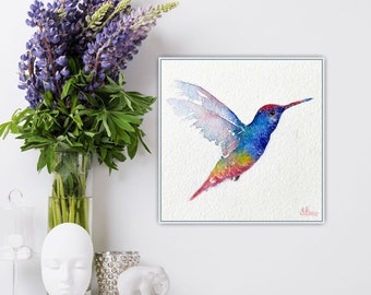 Watercolor colorful hummingbird, art print hand signed, limited, Fine Art Print Watercolor Painting colorful humming bird signed and limited