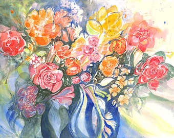 SEA OF FLOWERS watercolor, art print hand-signed and limited, Fine Art Print Watercolor Painting SEA of FLOWERS, hand signed and limited