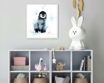 Watercolor little penguin, penguin baby art print, hand-signed and limited, , Fine Art Print Watercolor painting Baby Penguin lim. signed