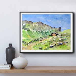 Watercolor Allgäu High Alps Hindelang mountain landscape art print signed and limited by hand, Artprint Alpes hand signed and limited
