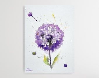 Fly Away - Original Watercolor Purple Dandelion, Dandelion, Original Watercolor Painting Purple Dandelion