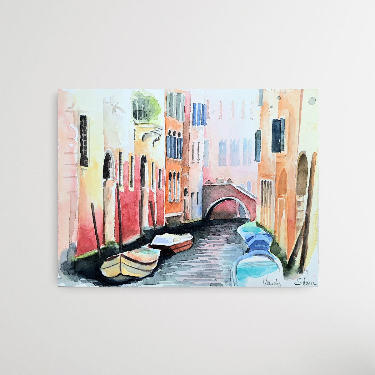 イタリア、ヴェネツィアのオリジナルの水彩画の運河、イタリア