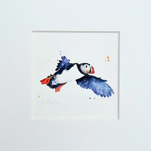 Mini-Aquarell Papageientaucher, Kunstdruck, handsigniert, Fine Mini Art Print Watercolor painting Puffin, signed