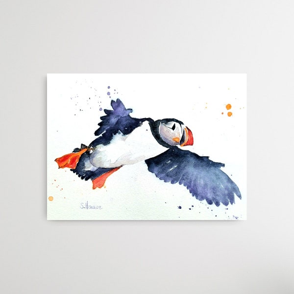 Original Aquarell Papageietaucher, neinzigartig und von Hand signiert, Original Watercolor Painting of a Puffin, hand signed and unique