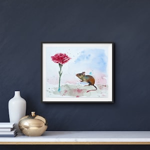 CARNATION ADMIRATION Watercolor mouse with carnation, art print signed and limited, Artprint Mouse, Carnation Flower, Fine Art Print, signed limited