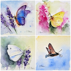 May include: A collage of four watercolor paintings featuring butterflies. The top left image shows a blue butterfly on lavender flowers. The top right image shows a yellow butterfly on pink flowers. The bottom left image shows a white butterfly on purple flowers. The bottom right image shows a brown and black butterfly on a blue background.