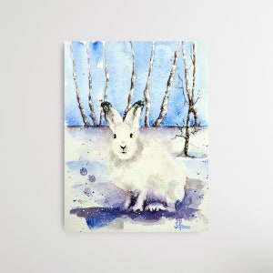 Original and unique watercolor painting of an arctic hare with birch trees