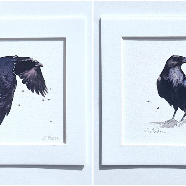 Mini-Aquarell Raben, Kolkraben Kunstdruck handsigniert, Fine Mini Art Print Watercolor painting raven, signed