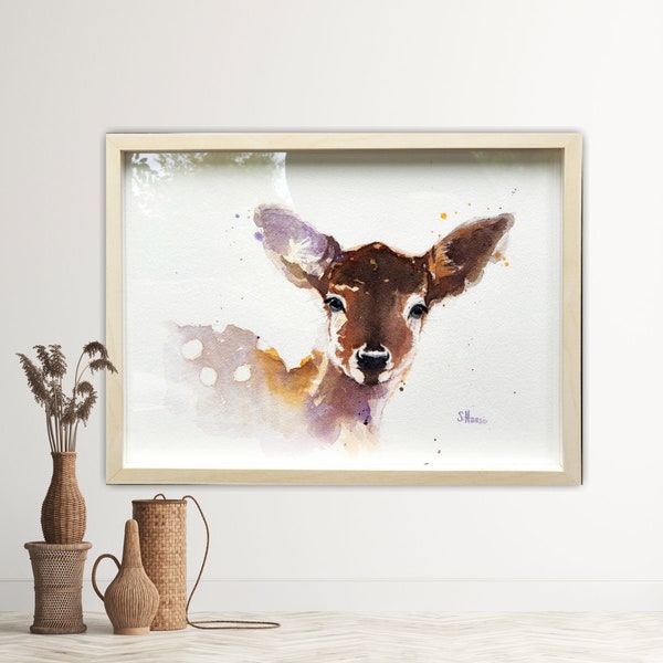 Aquarell junges Reh, Rehkitz, Kunstdruck, handsigniert und limitiert, Fine Art Print of a young deer, fawn, hand signed and limited