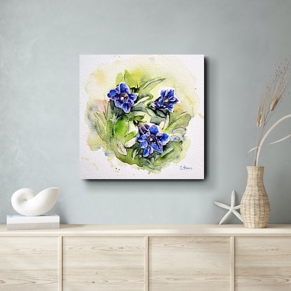 Blauer Enzian, Kunstdruck, hand signiert und limitiert, Watercolor Painting Fine Art Print Blue Gentian, hand signed and limited