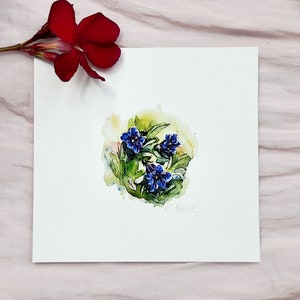Blue Gentian - miniature art print after original watercolor painting, hand signed, Mini FineArtPrint Watercolor Painting mountain blue gentian hand sig.