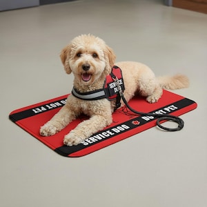 May include: A cream-coloured, curly-haired dog wearing a red service dog vest and lying on a red mat. The mat has black borders and the words "SERVICE DOG DO NOT PET" in white. A black lead and collar are also visible.