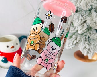 Cozy Bear Coffee Glass Cup 16oz | Cute Bear Iced Coffee Cup with Lid and Glass Straw | Fall Winter Aesthetic Cup Gift for Coffee Lovers