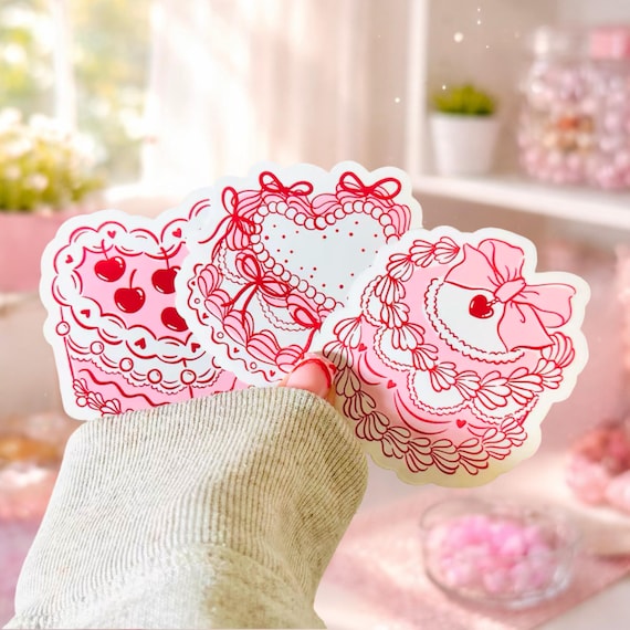 Vintage Cake Sticker Pack | Coquette Cake Stickers | 6 Glossy Dessert Stickers | Pink Aesthetic Valentine Stickers
