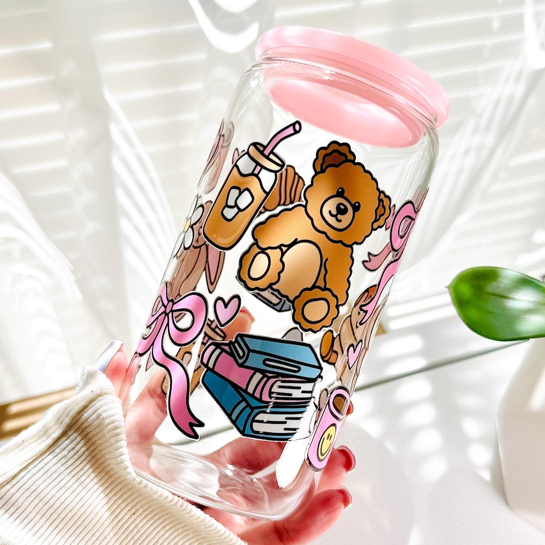 Coquette Glass Cup 16oz | Cute Aesthetic Iced Coffee Cup | Pink Bow ...