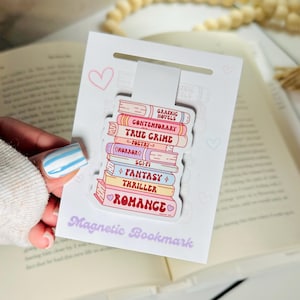 Book Genre Stack Magnetic Bookmark | Laminated Double-Sided Bookmark | Romance, Fantasy, Thriller, Sci-Fi | Bookish Gift