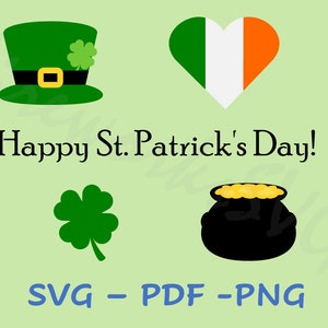 May include: A green leprechaun hat, a green four-leaf clover, a pot of gold, and a heart-shaped Irish flag with the text "Happy St. Patrick's Day!"  SVG - PDF - PNG