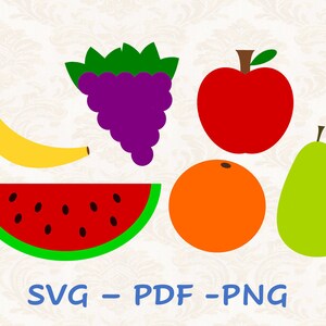 Fruit SVG, PNG, PDF - Pacote de download digital - Para Cricut, Impressão, Etc - Uso pessoal e comercial - Banana, Maçã, Uvas, Melancia