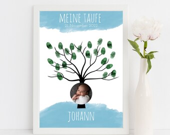 Fingerabdruck Lebensbaum Poster Taufe "Little One" blau | personalisiertes Geschenk zur Taufe | Baby Junge Mädchen | Kinderzimmer Deko