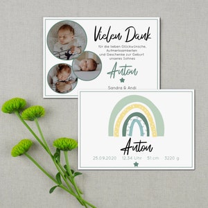 Babykarte Dankeskarte Geburtskarte "Regenbogen" mint | Geburtsanzeige Danksagung Dankeschön | Baby Junge | individuell personalisiert