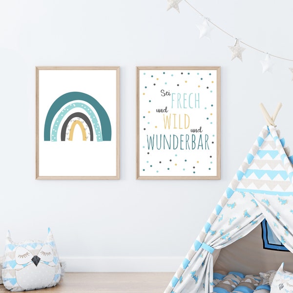 Set of 2 posters "Cheeky, wild, wonderful" PETROL | Gift for birth or baptism | baby boy | Children's room decoration blue green mint